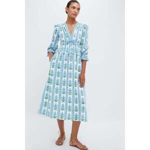 PINK CITY PRINTS Melanie Dress Indigo Border Size S NWT Retail $275 Tuckernuck